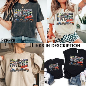 May include: A set of four t-shirts featuring a monster truck design with the words "Momster Jam" and "Kidster Jam". The shirts are in various colors, including black, gray, beige, and white.