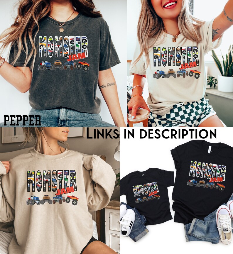 May include: A set of four t-shirts featuring a monster truck design with the words "Momster Jam" and "Kidster Jam". The shirts are in various colors, including black, gray, beige, and white.