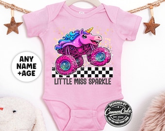 Monster Truck Baby Girl Onesie | Unicorn Sparkle Truck | Matching Family Birthday Shirts | Baby Shower Gift | Pit Crew Party, Mommy and Mini