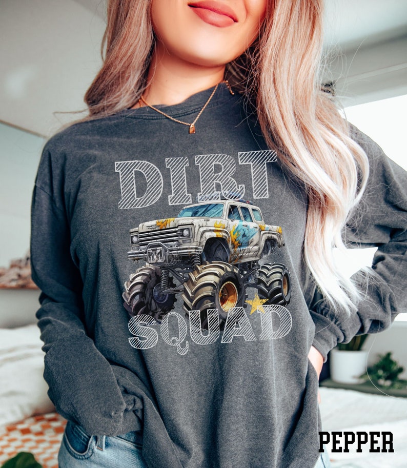 Long Sleeve monster Truck Mom Dad Dirt Squad Comfort Colors Shirt Birthday Monster Truck Jam    Shirt Birthday Boy Gift for Father Dad Boy Mama Mom Mother Mating mommy and Mini