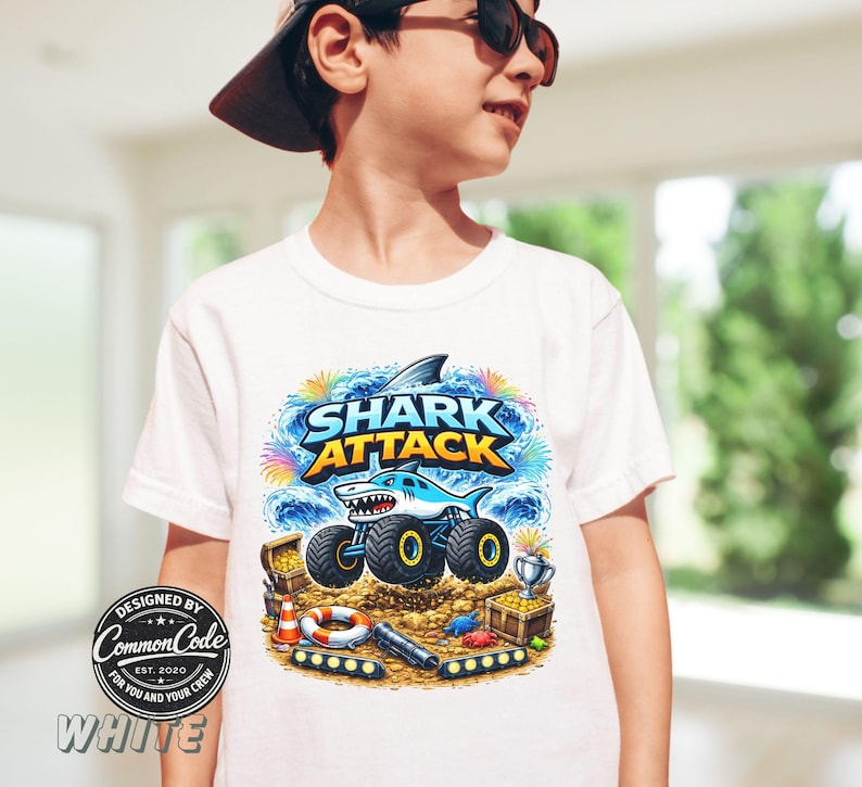 Puede incluir: Camiseta blanca con un gr&aacute;fico colorido de "Shark Attack" que presenta un cami&oacute;n monstruo con tem&aacute;tica de tiburones, cofres del tesoro y un salvavidas. La camiseta tambi&eacute;n tiene el texto "DESIGNED BY Common Code EST. 2020 FOR YOU AND YOUR CREW WHITE".