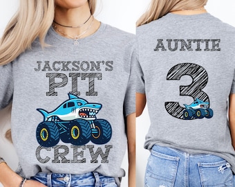 Boys Birthday Party Shark Monster Truck Jam Theme  T-Shirt, Matching Family Pit Crew Tee, Front Back Print with Custom Name and Number