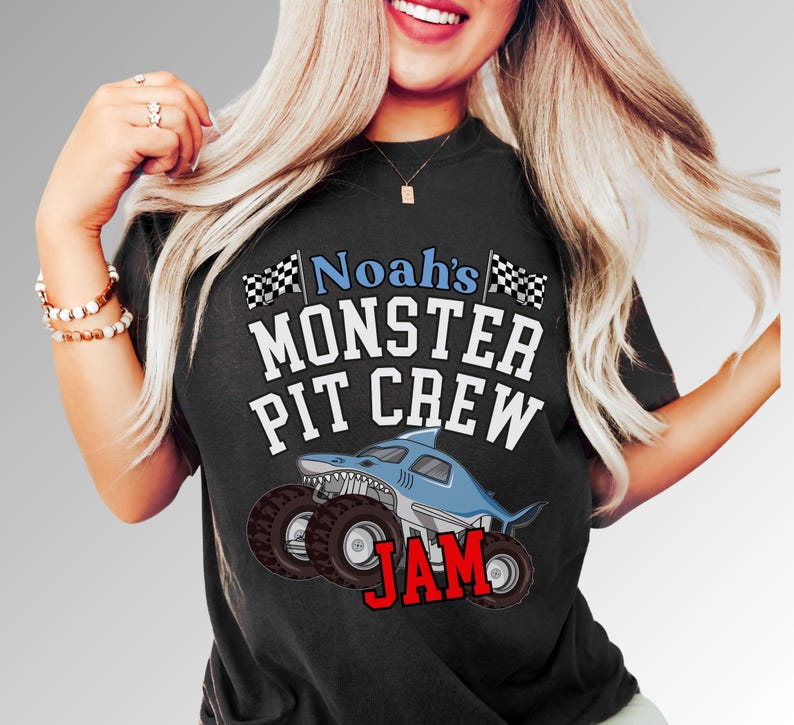 Model Mom is wearing a super comfy comfort colors monster truck jam theme T-shirt. Boy's birthday or Family matching event tee perfect for making memories and making everyone happy. Momma Daddy Son Daughter Adult and child sizes in an assortment of great colors