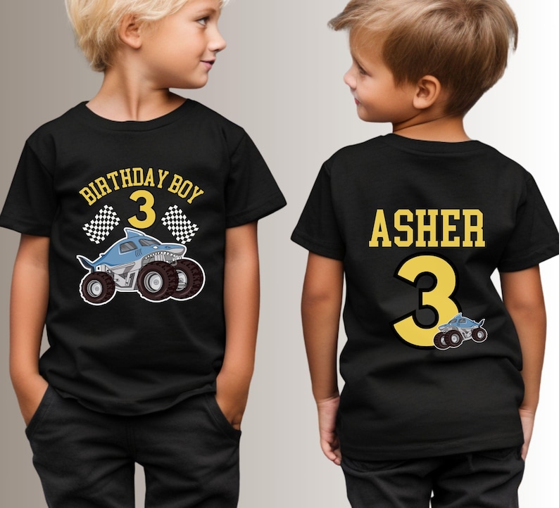 Model is wearing Comfy T-Shirt Monster Truck Shark bigTiresTeethblackwhite checkered flags Birthday boy Family MatchingCustom Personalized Blue yellow Front Back Name Age Number Party