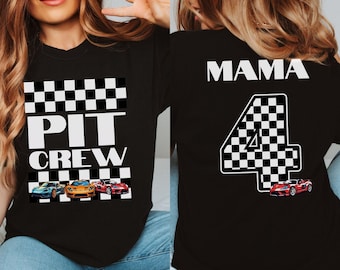 Race Car Black White Checkered Flag Pattern Custom Boys Fourth Birthday Custom Bella Canvas T-Shirt: Personalized Family Pit Crew Party Tee
