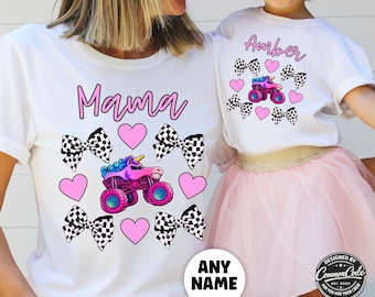 Personalized Mama and Mini Me, BFF, Coquette Aesthetic Hearts Unicorn Monster Truck Shirt, Grandmother Granddaughter Shirt, Checkered Bows