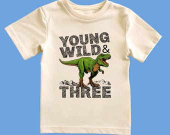 Boy's Dinosaur 3rd Birthday Shirt, Young Wild & Three, Custom Personalized Name - Three Year Old Boy and Matching family T-Shirts Green Dino