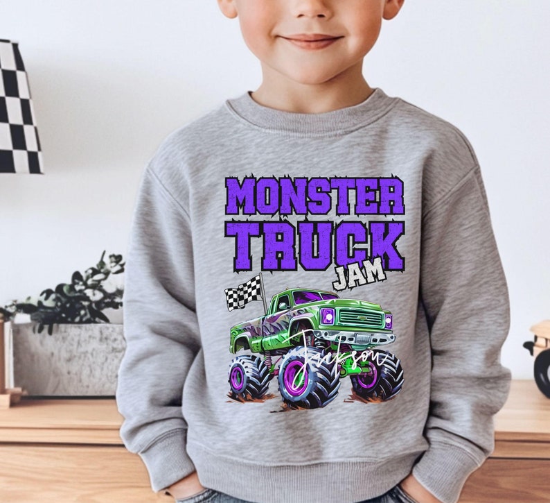 Monster Truck Family Matching Personalized Custom Name Jam Purple Green Blue checkered flag event mom dad boy girl man woman