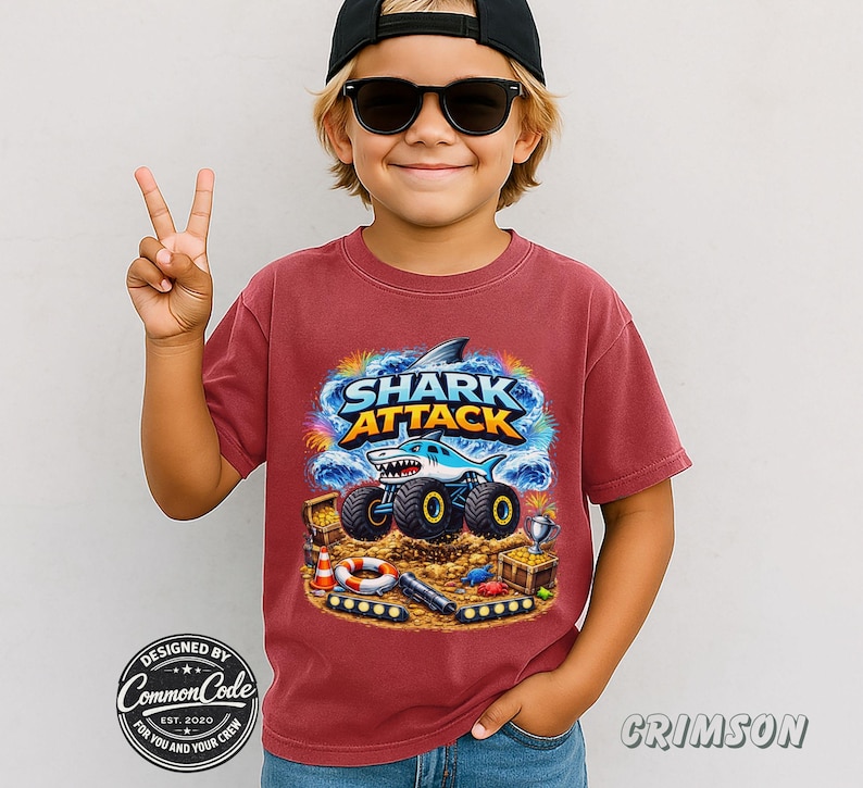 Boy is wearing a red Crimson Comfort Colors Monster Truck Jam tee with a Blue Megalodon Shark Truck that says "SHARK ATTACK" with a beach, pirate gold treasure, winners racing cup, ,checkered racing flags, This fun vibe is a great gift for any boy or man who loves sharks and monster big trucks. Race day truck show, great boy's birthday or Christmas gift, cool kid boy's shirt. Swimmer, Beach or pool party shirt