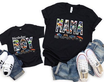 Camiseta personalizada de cumpleaños de Monster Truck: camiseta de cumpleaños familiar a juego con cualquier nombre, patrón de camión y letras