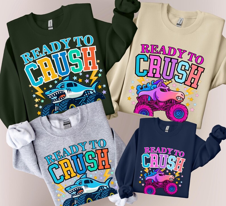 Monster Truck Jam Sparkle Unicorn Sweatshirt, Kids Birthday Party Pink Rainbow Colors Smash Stars Lightning Bolt Family Match Boy Girl Mom image 4