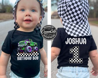 1st Birthday Boy Monster Truck Bodysuit, Personalized First Birthday Outfit, Family Matching Pit Crew Shirt, Monster Truck Party, Any Age
