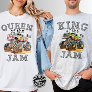 Pictured is a man and woman wearing his and hers t-shirts QUEEN of the JAM and KING of the JAM monster truck tee's with checkered flag and black sketch font