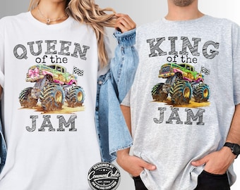 Monster Truck Queen of the Jam themed shirt King of the Jam His and Hers mens womens Tee pink coquette bow black white checkered flags