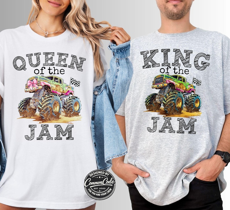 Pictured is a man and woman wearing his and hers t-shirts QUEEN of the JAM and KING of the JAM monster truck tee's with checkered flag and black sketch font