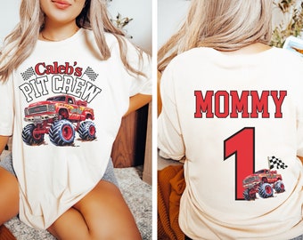 Camiseta personalizada de cumpleaños familiar Monster Truck Jam con nombre y número, camiseta de cumpleaños para niño, equipo de boxes, mamá, papá, hermano, hermana, fiesta de cumpleaños, rosa