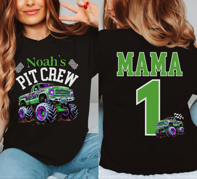 May include: Black t-shirt with a green and purple monster truck graphic and the text "Noah's PIT CREW". The back of the shirt features the word "MAMA", the number "1", and a monster truck graphic.