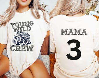 Retro Monster Truck Birthday Theme Old School Young Wild Three Third Party Family Matching T-Shirt Front Back Custon Name Age Boys Sketch