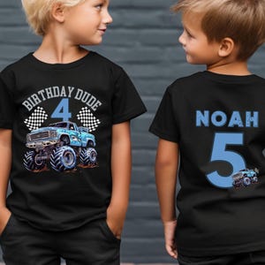 Shark Blue Themed Monster Truck Jam Birthday Boy Dude Party Pit Crew Family Matching tshirt for the whole family. Custom Personalized Name and Age Number on Back for Mom Dad Grandparents Party Shirt Mama Mini Matching Dada Mimi  Nana Gigi Siblings