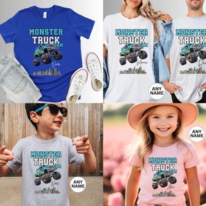 May include: A set of four t-shirts featuring a monster truck design with the text "Monster Truck Jam". The shirts are in different colours, including blue, white, grey, and pink. The shirts are personalised with names, such as "Mara", "Dad", "Nach", and "Alia".