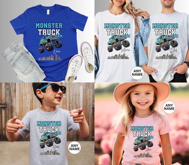 May include: A set of four t-shirts featuring a monster truck design with the text "Monster Truck Jam". The shirts are in different colours, including blue, white, grey, and pink. The shirts are personalised with names, such as "Mara", "Dad", "Nach", and "Alia".