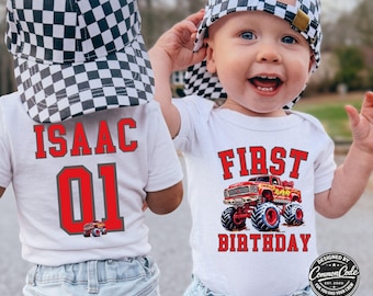 Boys First 1st Birthday Red Monster Truck Theme Shirt Bodysuit - One Family Matching T-Shirts - Front Back, 1year old Personalized Name Age