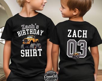 Camiseta de cumpleaños personalizada de Monster Truck para niño, camiseta de cumpleaños con nombre personalizado para niño, camiseta de cumpleaños de camión de dibujos animados para niño, camiseta de cumpleaños para bebés y niños pequeños