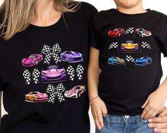 Mother and Son Race Car T-Shirt - Checkered Flags Bows Blue Racing Speedster Family Matching Tee - His and Hers Mom and dad Shirts