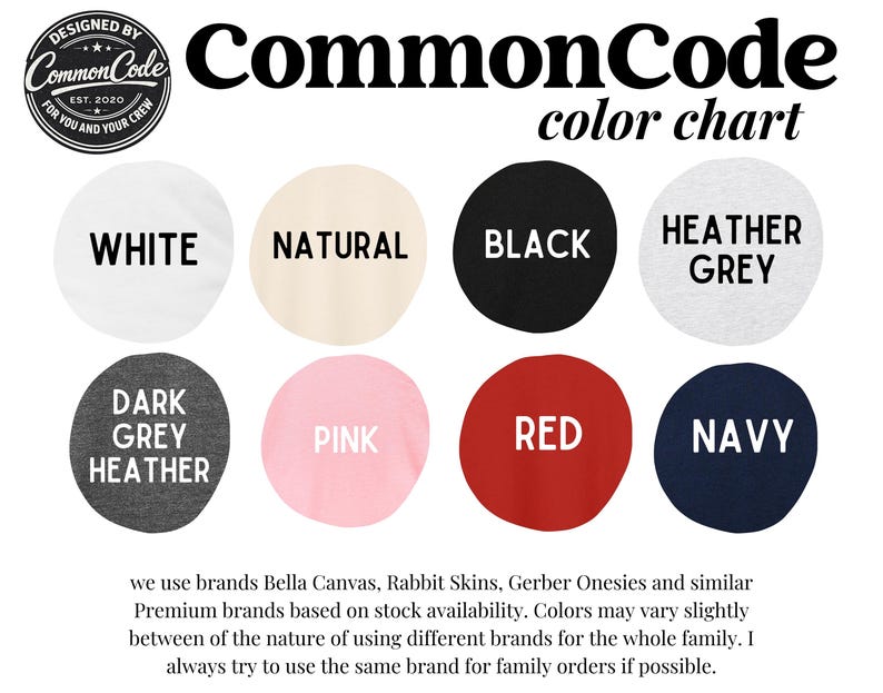 Puede incluir: Una carta de colores de CommonCode, con ocho muestras de color: blanco, natural, negro, gris jaspeado, gris oscuro jaspeado, rosa, rojo y marino. El logotipo de la marca est&aacute; en la esquina superior izquierda, con el texto "color chart" en la parte superior.