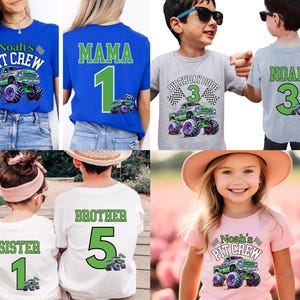 May include: Collection of t-shirts with monster truck graphics. Designs include "Noah's Pit Crew", "Mama 1", "Birthday Dude 3", "Noah 3", "Sister 1", and "Brother 5". Shirts are in blue, gray, white, and pink.