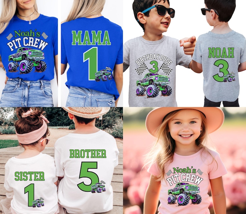 May include: Collection of t-shirts with monster truck graphics. Designs include "Noah's Pit Crew", "Mama 1", "Birthday Dude 3", "Noah 3", "Sister 1", and "Brother 5". Shirts are in blue, gray, white, and pink.