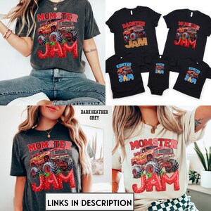 May include: Dark heather grey and cream-colored t-shirts with a monster truck graphic and the text "MOMSTER JAM", "DADSTER JAM", and "KIDSTER JAM". The image also includes the text "LINKS IN DESCRIPTION".