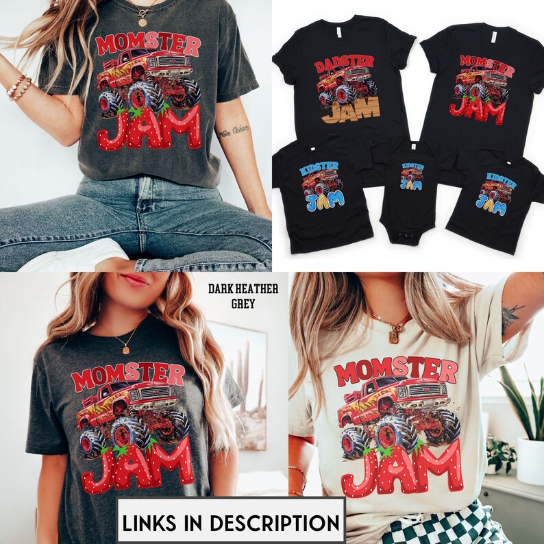 May include: Dark heather grey and cream-colored t-shirts with a monster truck graphic and the text "MOMSTER JAM", "DADSTER JAM", and "KIDSTER JAM". The image also includes the text "LINKS IN DESCRIPTION".