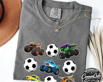 Boys Soccer Balls and Monster Trucks 2-Sided Front Back Design T-Shirt - Custom Black and White Checkered Number on Back - Family Matching