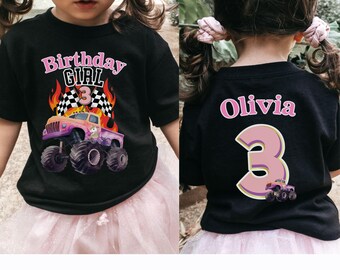 Monster Truck Birthday Girl T-shirt: Pink Party Tee - Custom 2-Sided Front Back Design with Name and Number - Pink Truck with Racing Flags