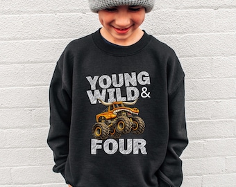 Boys Fourth  Birthday Loco Monster Truck Bull Party Theme Sweatshirt With Matching Family Pit Crew Sweatshirt - Longhorn Monster Truck Jam