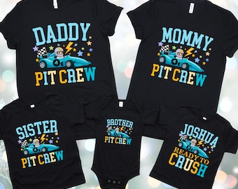 Boys Fourth Race Car Birthday Party Theme Custom Name Family Matching T-Shirt - Four Year Old Boy Mom Dad Sister Brother Personalized Blue