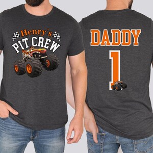 Boy's Daddy Birthday Tiger Shark Monster Truck Shirt Personalized Name Number, First Pit Crew Party, Checkered Flags Tee Front Back Print