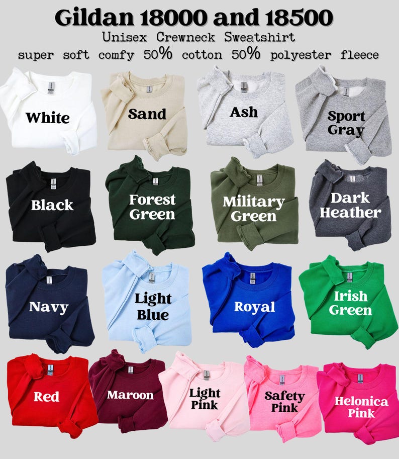 Puede incluir: Una tabla de colores de sudaderas con cuello redondo unisex Gildan 18000 y 18500. La tabla muestra 14 colores diferentes, incluyendo blanco, arena, ceniza, gris deportivo, negro, verde bosque, verde militar, gris oscuro jaspeado, azul marino, azul claro, azul real, verde irland&eacute;s, rojo, granate, rosa claro, rosa seguridad y rosa helonica.