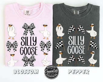 Silly Goose Family Matching Shirts, Funny Goose Comfort Colors Tee, Checkered Bows Flags Shirt, Mommy And Me Matching Outfit, Kids Goose Tee