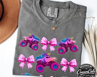 Monster Trucks and Coquette Bows Comfort Colors T-Shirt - Sparkle Pink Rainbow Smash Unicorn Trucks with Pink and White Bows - So Jam Fun