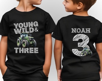 Boy Third Birthday Green Tractor Party Theme Family Boy's T-Shirt: Young Wild and Three Three Year Old Front Back Print Custom Name Number
