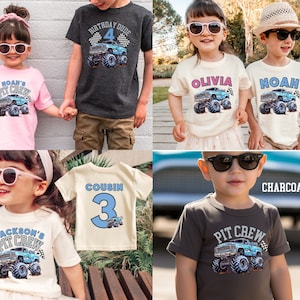May include: A selection of children's t-shirts with monster truck designs. The shirts, in colours like pink and charcoal, display text such as "Noah's Pit Crew," "Birthday Dude 4," "Olivia," "Noah," "Jackson's Pit Crew," and "Cousin 3."