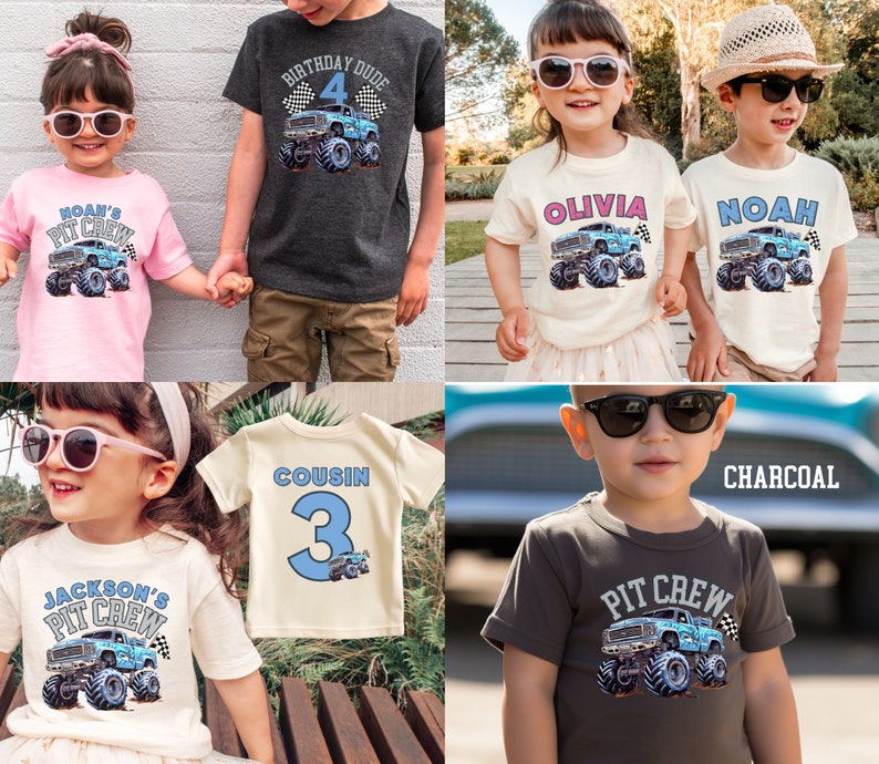 May include: A selection of children's t-shirts with monster truck designs. The shirts, in colours like pink and charcoal, display text such as "Noah's Pit Crew," "Birthday Dude 4," "Olivia," "Noah," "Jackson's Pit Crew," and "Cousin 3."