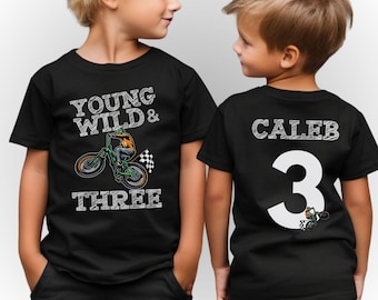 Boy's Bicycle Dirt Bike Third Birthday Party Theme T-Shirt - Young Wild & Three - Front Back Print Custom Name Age Number - Big Bold design