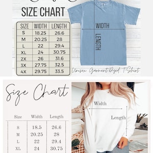 Puede incluir: La imagen muestra dos camisetas Comfort Colors, una azul y otra blanca, con tablas de tallas. La camiseta azul es una camiseta te&ntilde;ida para unisex, y la camiseta blanca es Comfort Colors 6014. Las tablas muestran medidas de ancho y largo en cm.