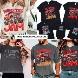 May include: A set of five t-shirts featuring a monster truck design with the text "Monster Jam", "Dadster Jam", "Momster Jam", "Kidster Jam", and "Pit Crew". The shirts are in various colors, including gray, black, and white.