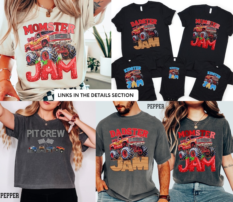 May include: A set of five t-shirts featuring a monster truck design with the text "Monster Jam", "Dadster Jam", "Momster Jam", "Kidster Jam", and "Pit Crew". The shirts are in various colors, including gray, black, and white.