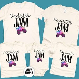 Monster Truck Jam Girls Birthday Celebration Matching t-shirts in Natural say " Dadster Jam, Momster Jam, Birthday Jam, Kidster Jam, Sophia's Jam" with a colorful vibrant rainbow colored unicorn monster truck with cursive font mixed with bold tall block letters in black.