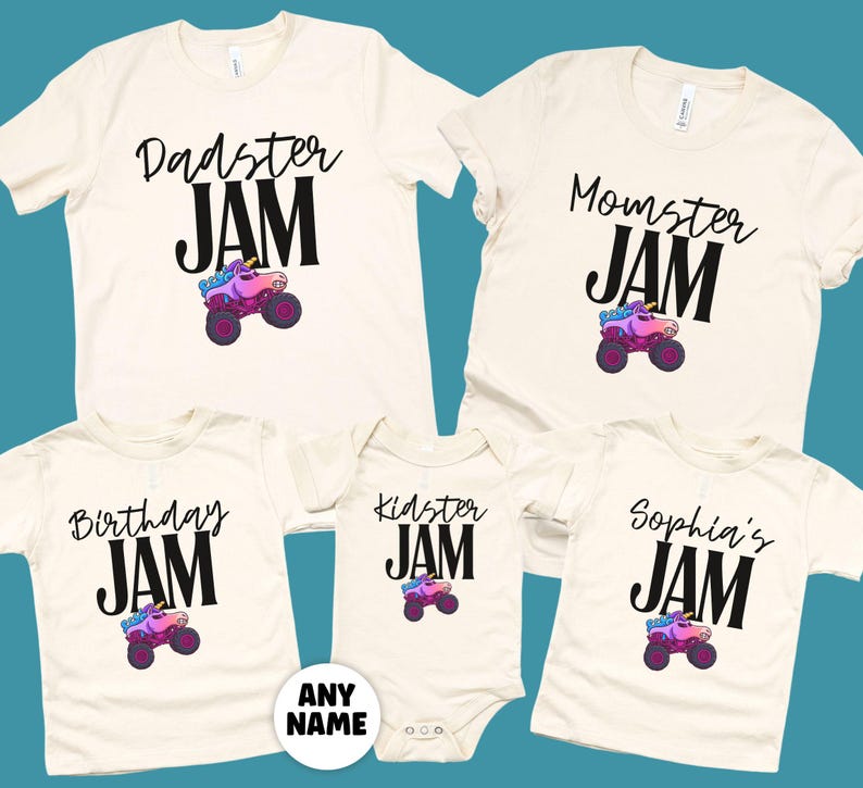 Monster Truck Jam Girls Birthday Celebration Matching t-shirts in Natural say " Dadster Jam, Momster Jam, Birthday Jam, Kidster Jam, Sophia's Jam" with a colorful vibrant rainbow colored unicorn monster truck with cursive font mixed with bold tall block letters in black.